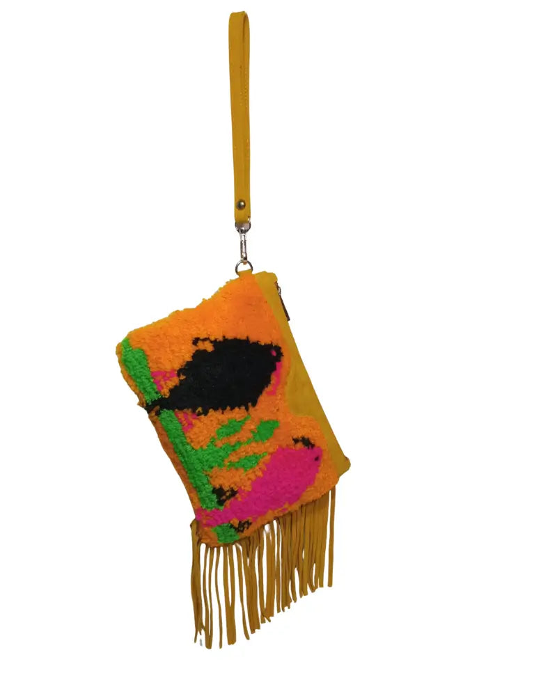 Fringe Clutch, Hand-Knotted Bag, Art Purse, Psychedelic Bag, Tufted Bag, Neon Clutch, Statement Clutch, Festival Bag, Boho Fringe, Suede Fringe, Wearable Art, Fiber Art, Maximalist, Dopamine Dressing, Abstract Design, Hot Pink, Orange Bag, Mustard Yellow, One of a Kind, Artisan Made, Unique Gift, Carpet Bag.
