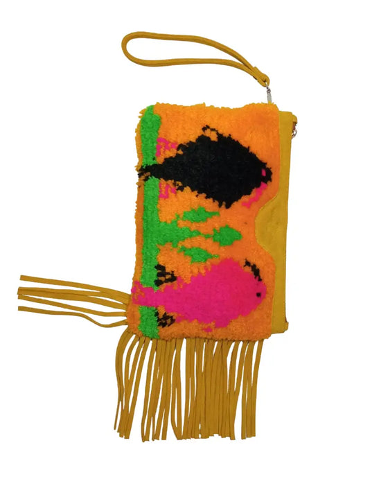 Fringe Clutch, Hand-Knotted Bag, Art Purse, Psychedelic Bag, Tufted Bag, Neon Clutch, Statement Clutch, Festival Bag, Boho Fringe, Suede Fringe, Wearable Art, Fiber Art, Maximalist, Dopamine Dressing, Abstract Design, Hot Pink, Orange Bag, Mustard Yellow, One of a Kind, Artisan Made, Unique Gift, Carpet Bag.
