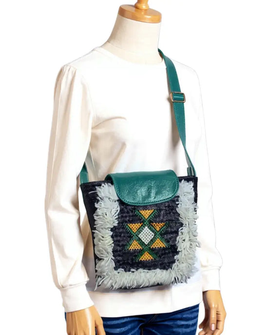 Fringe Crossbody Bag, Tassel Bag, Shaggy Bag, Woven Wool Bag, Teal Leather, Black and White Bag, Handmade Berber Bag, Embroidered Star, Artisan Made, Sustainable Fashion, Eco-Friendly, Boho Chic, Festival Fashion

