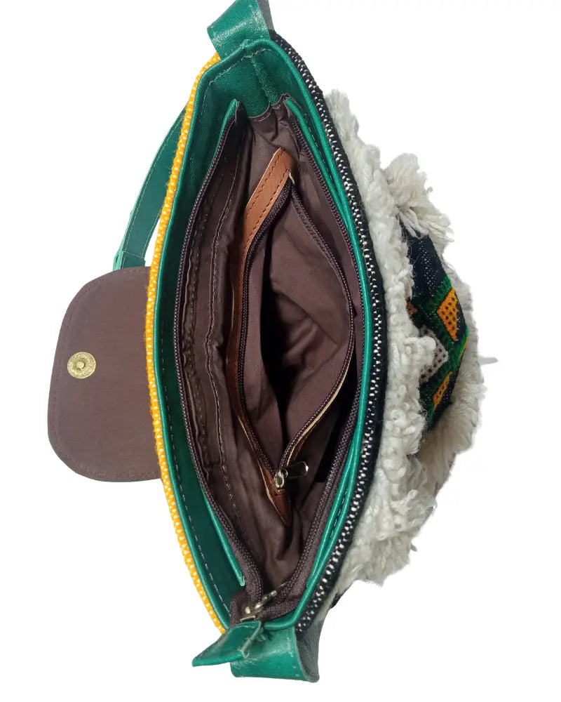 Fringe Crossbody Bag, Tassel Bag, Shaggy Bag, Woven Wool Bag, Teal Leather, Black and White Bag, Handmade Berber Bag, Embroidered Star, Artisan Made, Sustainable Fashion, Eco-Friendly, Boho Chic, Festival Fashion