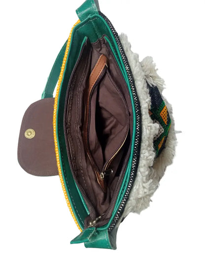 Fringe Crossbody Bag, Tassel Bag, Shaggy Bag, Woven Wool Bag, Teal Leather, Black and White Bag, Handmade Berber Bag, Embroidered Star, Artisan Made, Sustainable Fashion, Eco-Friendly, Boho Chic, Festival Fashion