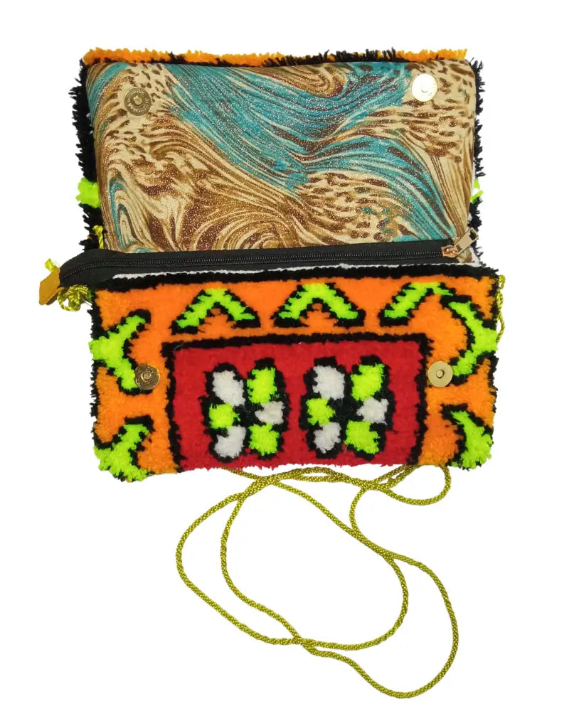 Hand-Knotted Bag, Rug Purse, Carpet Bag, Tufted Bag, Neon Clutch, Neon Bag, Y2K Bag, 90s Style, Festival Bag, Dopamine Dressing, Maximalist, Statement Purse, Colorful Bag, Crossbody Clutch, Small Purse, Party Bag, Orange and Green, Lime Green, Gold Strap, Handmade Clutch, One of a Kind, Artisan Made, Unique Gift, Woven Clutch, Pile Weave.
