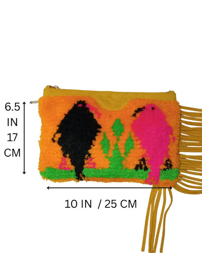 Fringe Clutch, Hand-Knotted Bag, Art Purse, Psychedelic Bag, Tufted Bag, Neon Clutch, Statement Clutch, Festival Bag, Boho Fringe, Suede Fringe, Wearable Art, Fiber Art, Maximalist, Dopamine Dressing, Abstract Design, Hot Pink, Orange Bag, Mustard Yellow, One of a Kind, Artisan Made, Unique Gift, Carpet Bag.
