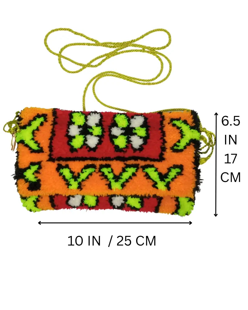 Hand-Knotted Bag, Rug Purse, Carpet Bag, Tufted Bag, Neon Clutch, Neon Bag, Y2K Bag, 90s Style, Festival Bag, Dopamine Dressing, Maximalist, Statement Purse, Colorful Bag, Crossbody Clutch, Small Purse, Party Bag, Orange and Green, Lime Green, Gold Strap, Handmade Clutch, One of a Kind, Artisan Made, Unique Gift, Woven Clutch, Pile Weave.
