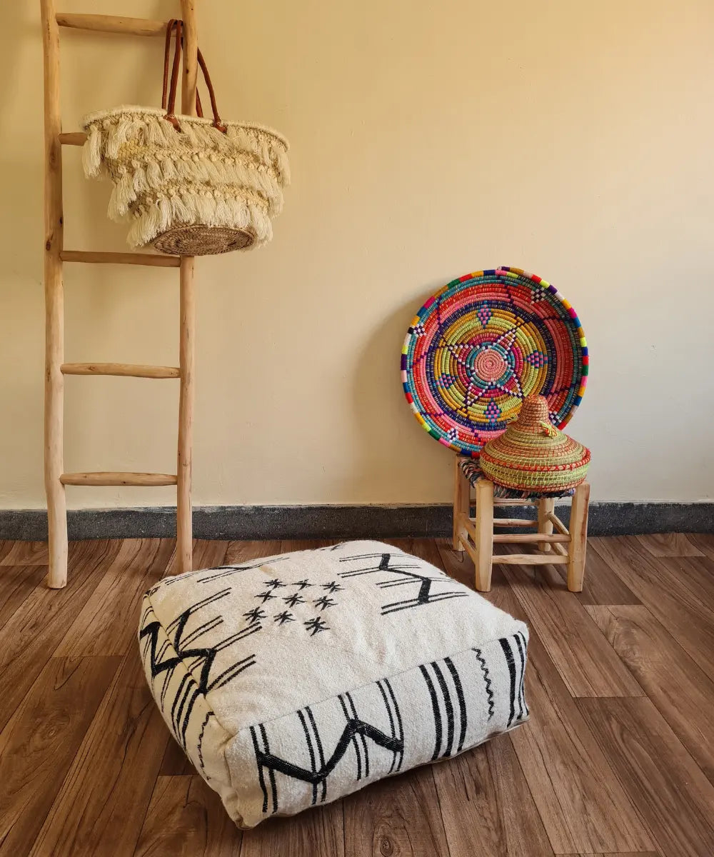 Handmade Moroccan Berber Pouf – Unique Vintage Ottoman