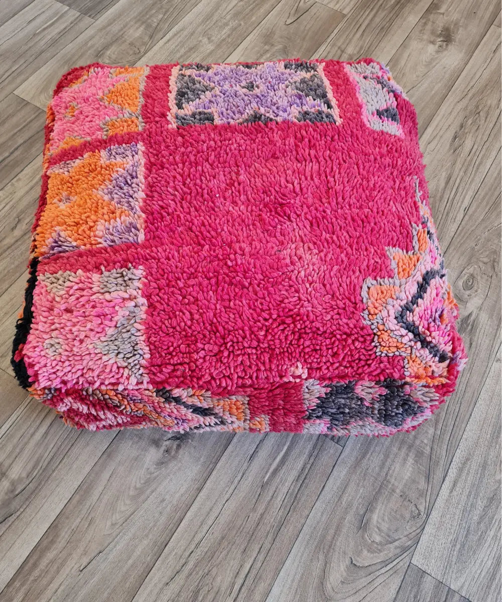 Handmade Moroccan Pouf – Antique Rug & Vibrant Star Motif Ottoman