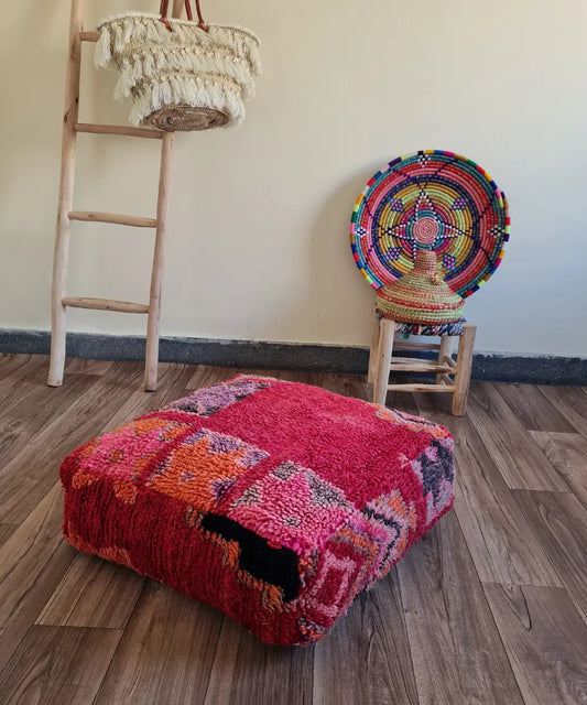 Handmade Moroccan Pouf – Antique Rug & Vibrant Star Motif Ottoman