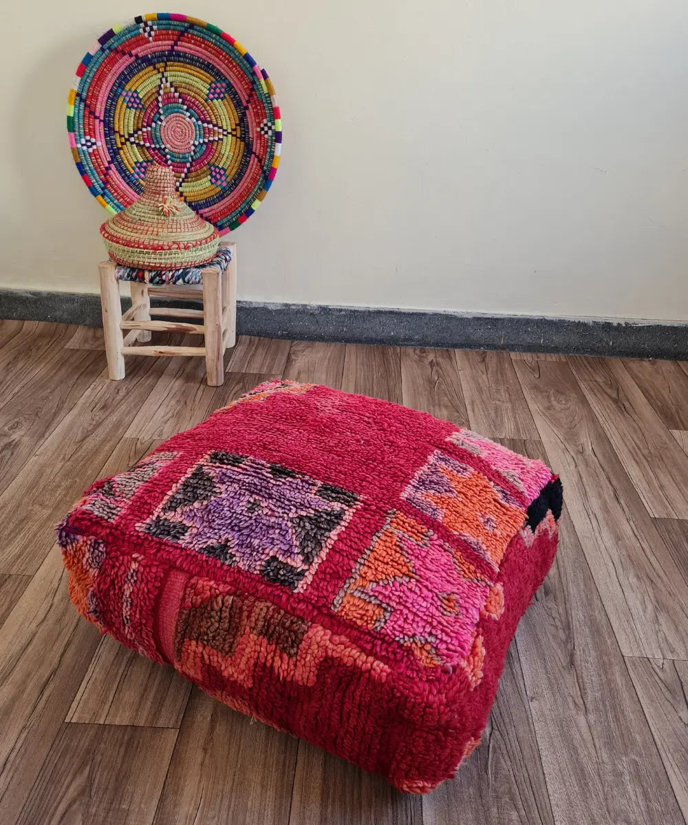 Handmade Moroccan Pouf – Antique Rug & Vibrant Star Motif Ottoman
