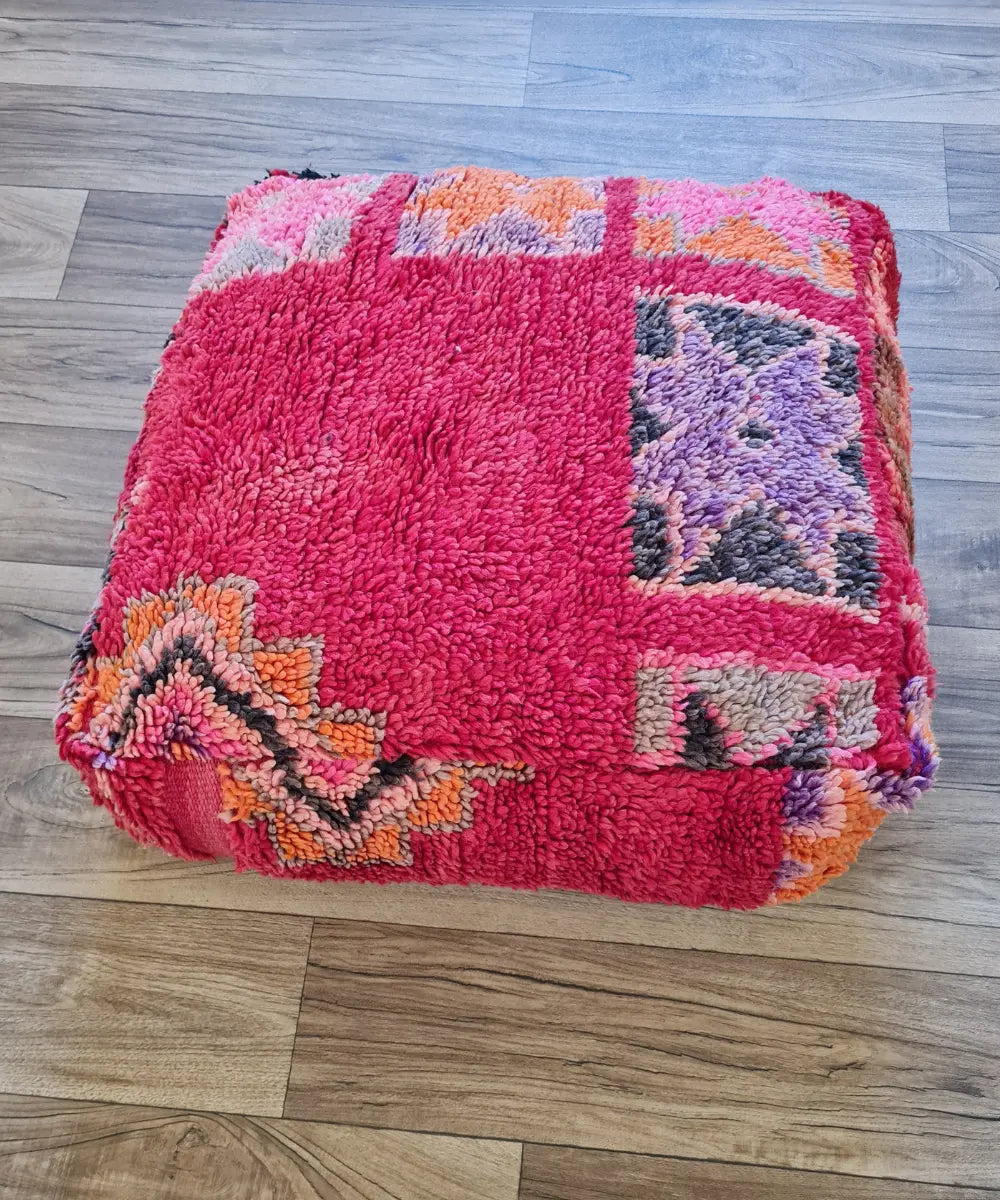 Handmade Moroccan Pouf – Antique Rug & Vibrant Star Motif Ottoman
