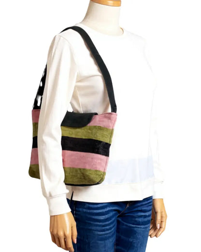 Handmade Boho Crossbody Bag, Woven Wool & Genuine Leather Purse, Artisan Striped Shoulder Bag, Unique Gift for Her, Hippie Festival BagV