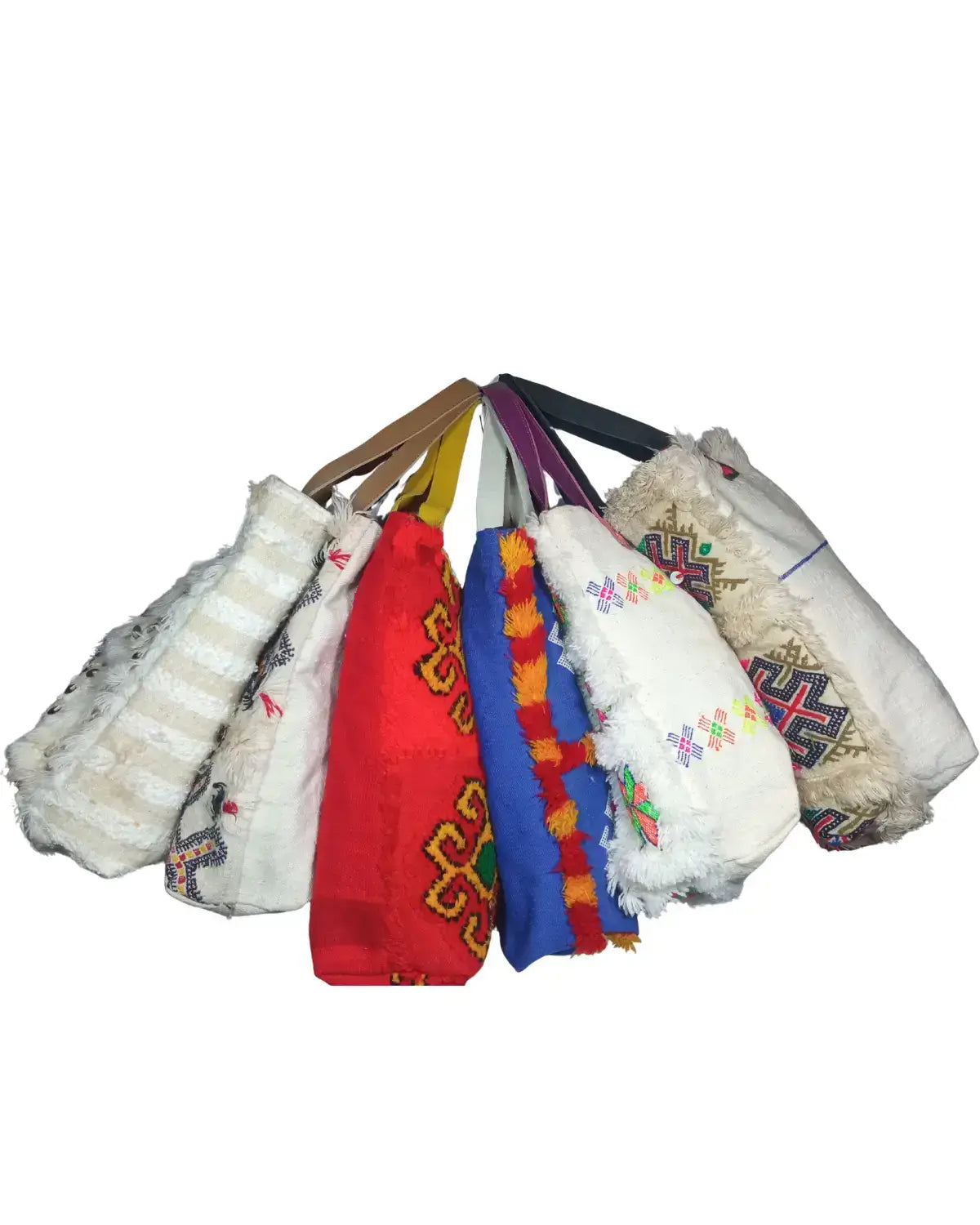Collection of embroidered bags in various colors on a white background