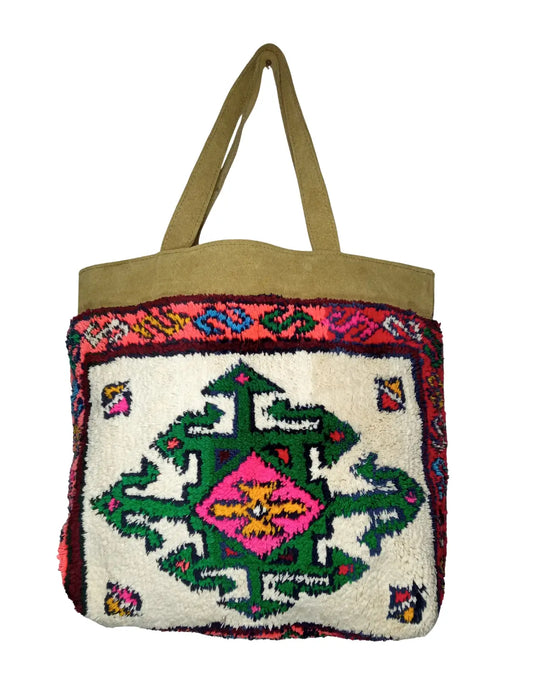 Handmade Carpet Bag | Boho Tribal Tote with Shag Wool & Suede | Artisanal Azilal Style Shoulder Bag for Women