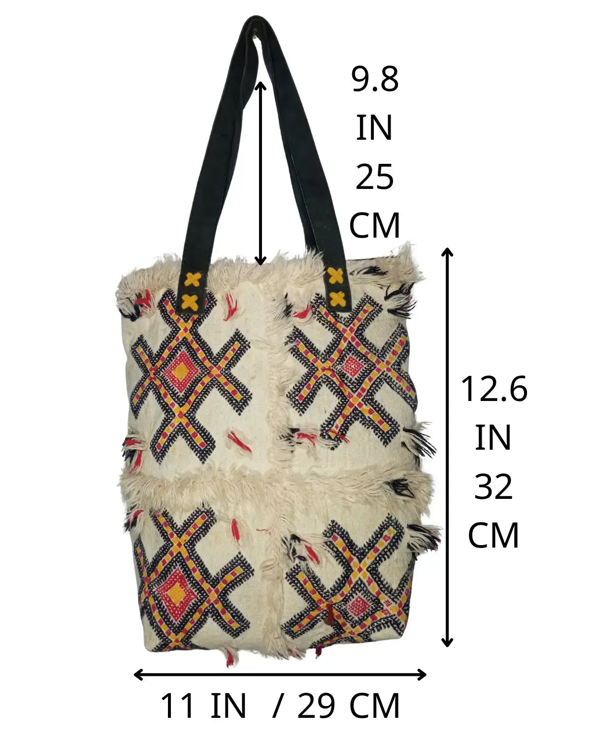 Handbag with decorative patterns and measurements on a white background