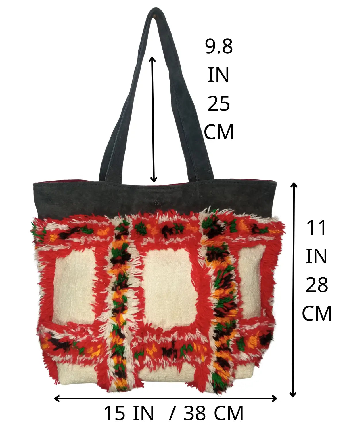Tote bag with colorful pattern and measurements on a white background