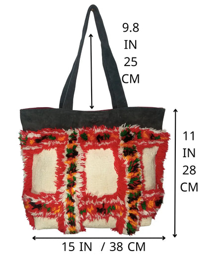 Tote bag with colorful pattern and measurements on a white background