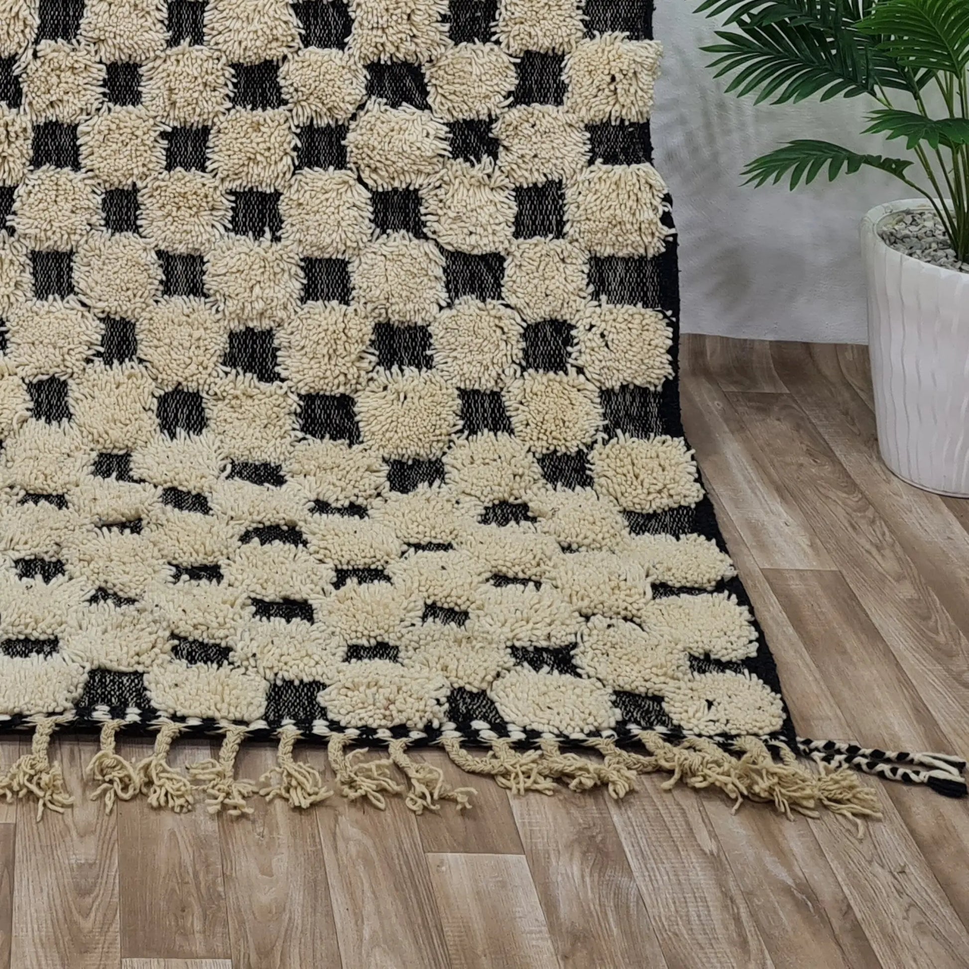 Handmade Plush Moroccan Wool Rug –Soft & Cozy Black & Cream Checkered Pattern- Custom Size - Berber Handcrafts