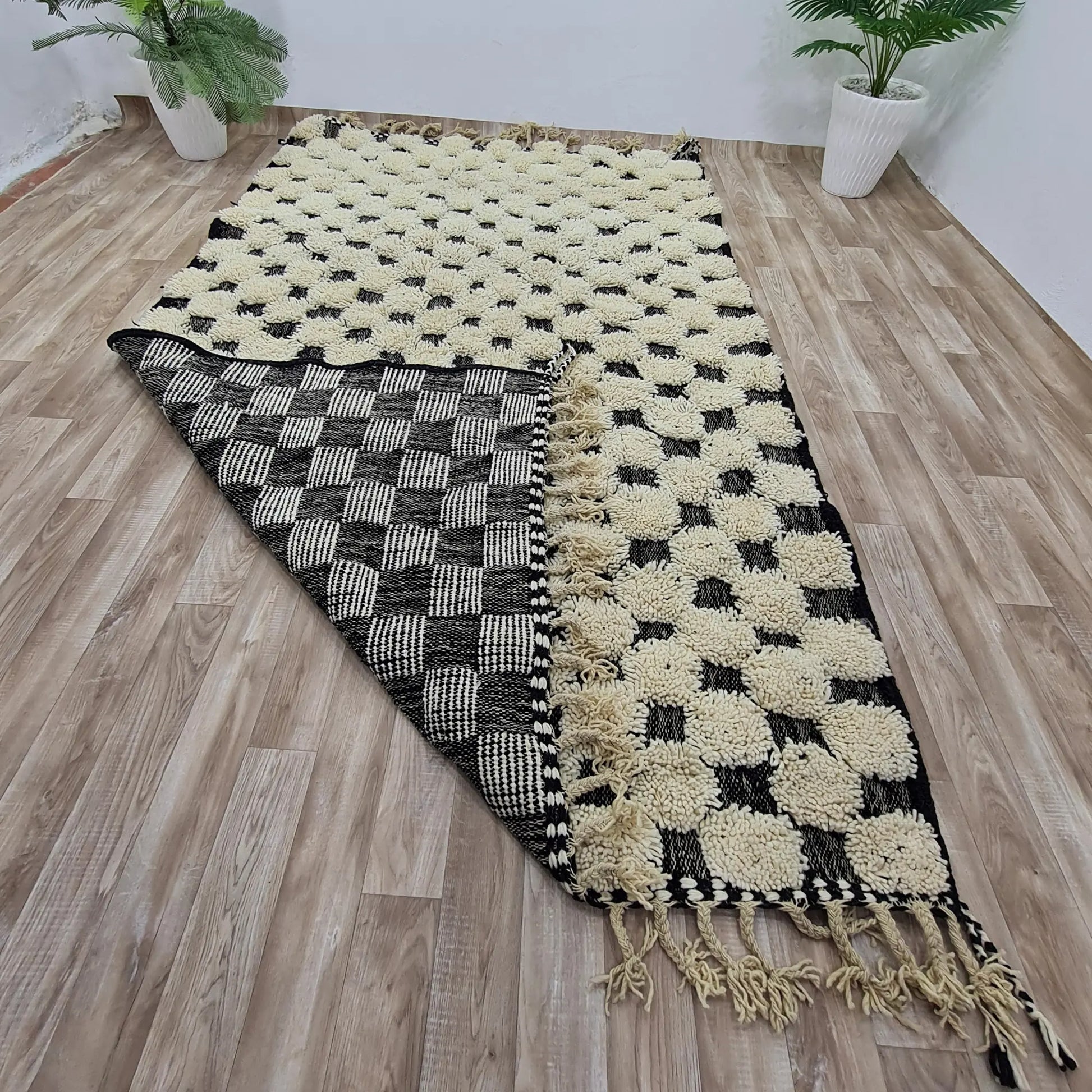 Handmade Plush Moroccan Wool Rug –Soft & Cozy Black & Cream Checkered Pattern- Custom Size - Berber Handcrafts