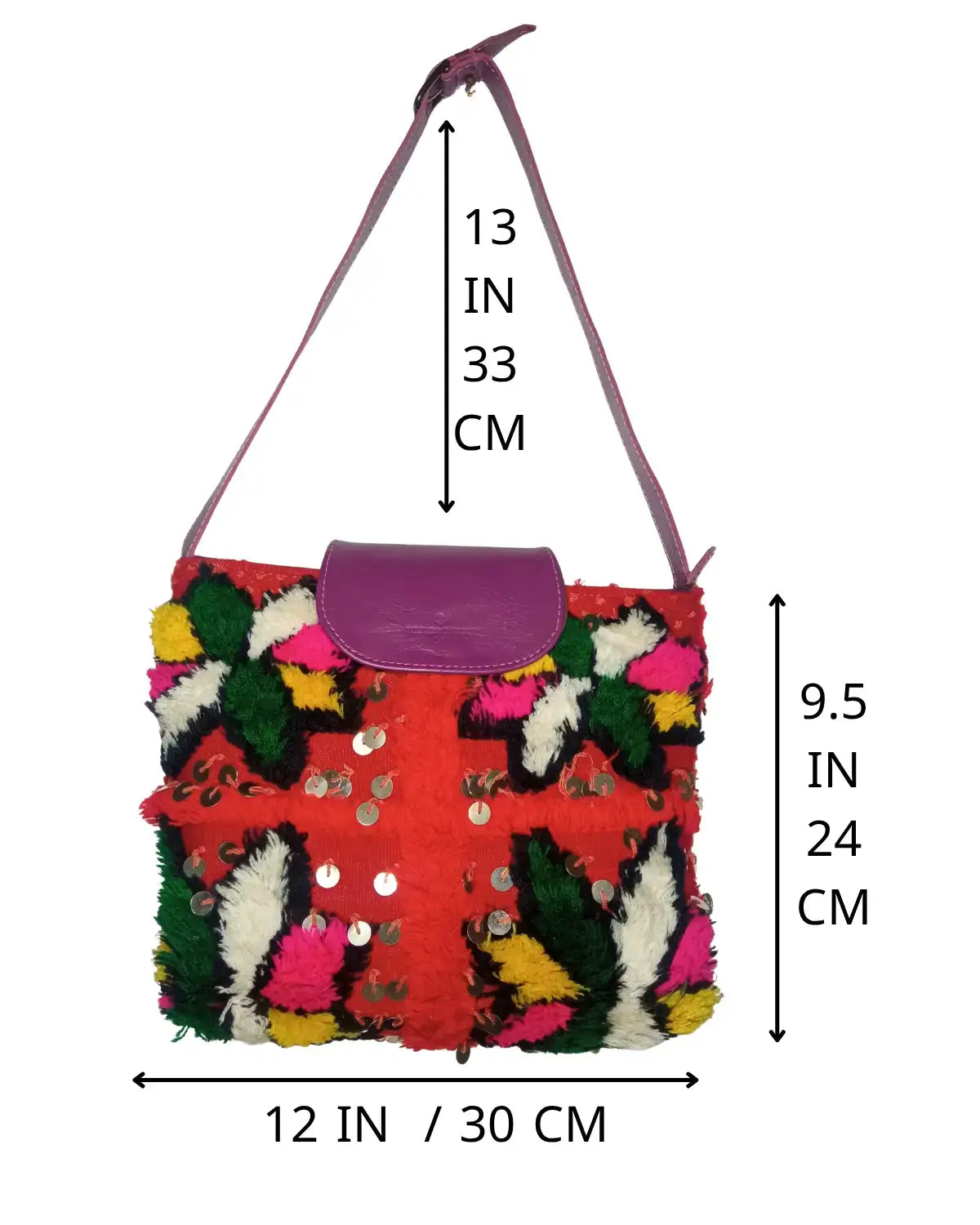 Multicolored textured handbag with measurements on a white background