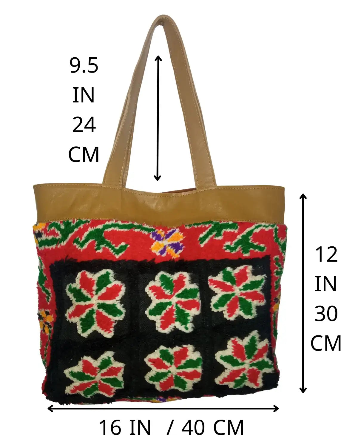 Tote bag with floral patterns and measurements on a white background
