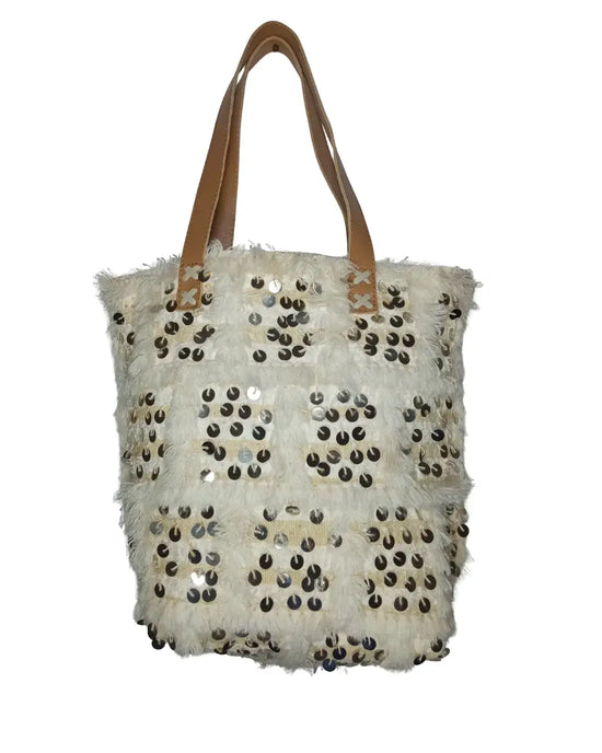 Beige tote bag with sequin embellishments on a white background