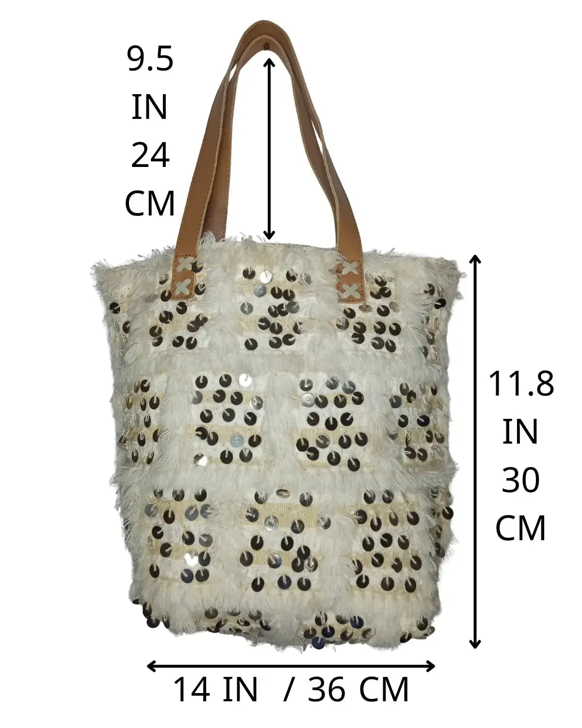 Beige tote bag with sequin embellishments and measurements on a white background