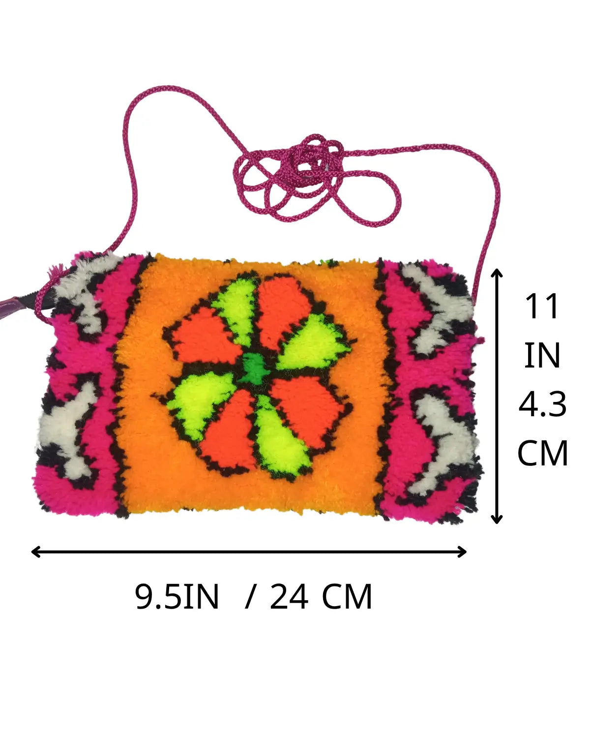 Colorful handbag with measurements on a white background