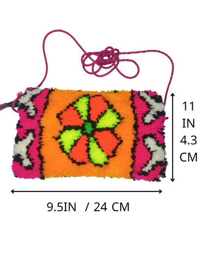 Colorful handbag with measurements on a white background