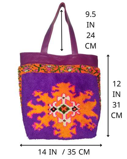 Handmade Purple Shag Bag | Boho Tribal Tote with Leather Handles | Artisanal Boucherouite Style Carpet Bag