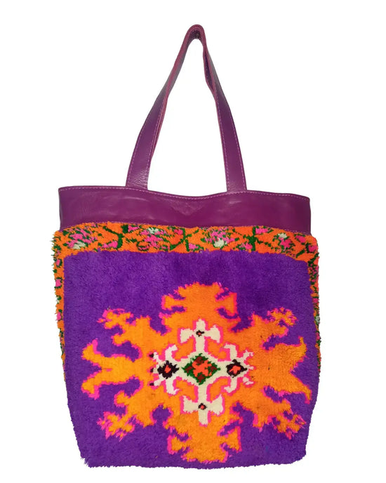 Handmade Purple Shag Bag | Boho Tribal Tote with Leather Handles | Artisanal Boucherouite Style Carpet Bag