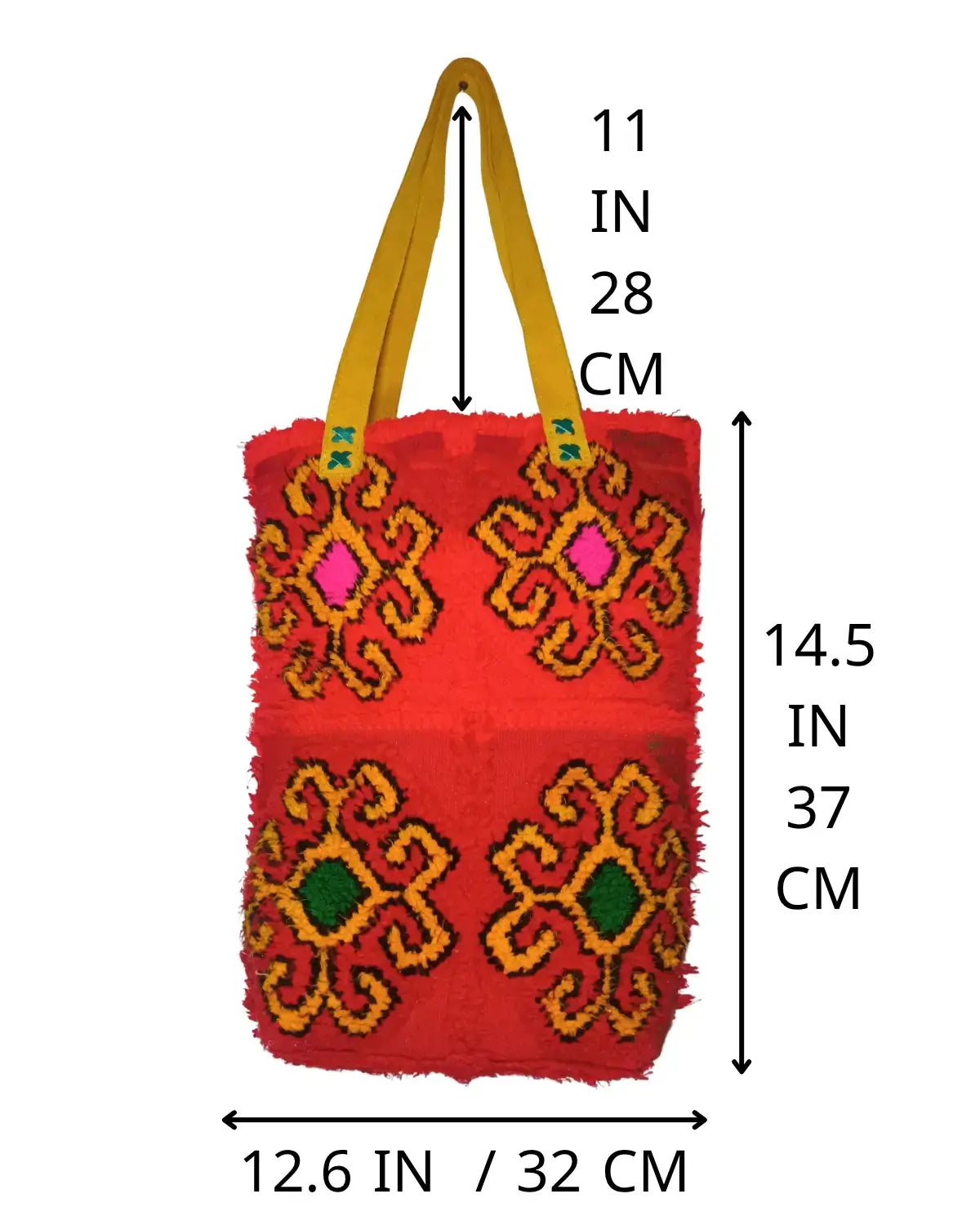 Red bag with yellow and green patterns and measurements on a white background