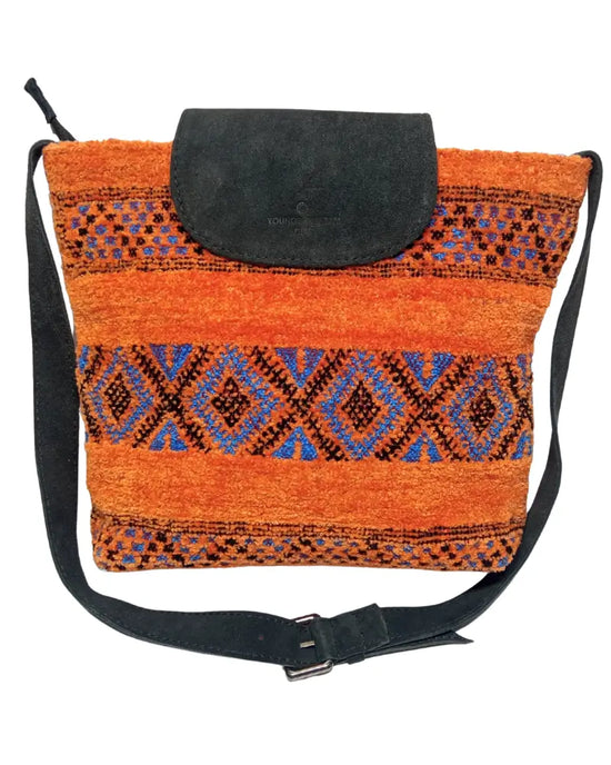 Kilim Crossbody Bag, Terracotta Bag, Coral and Blue, Woven Suede Purse, Handmade Aztec Bag, Boho Festival Bag, Southwestern Style, Ethnic Purse, Artisan Made,
