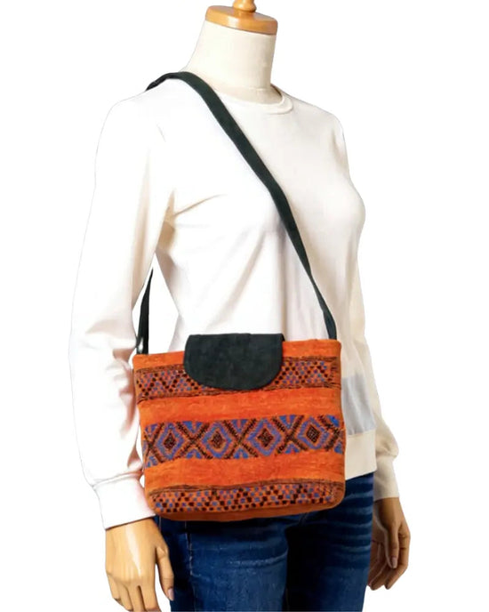 Kilim Crossbody Bag, Terracotta Bag, Coral and Blue, Woven Suede Purse, Handmade Aztec Bag, Boho Festival Bag, Southwestern Style, Ethnic Purse, Artisan Made,
