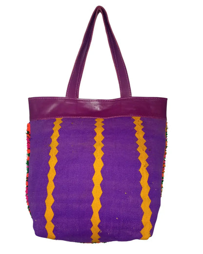 Handmade Purple Shag Bag | Boho Tribal Tote with Leather Handles | Artisanal Boucherouite Style Carpet Bag