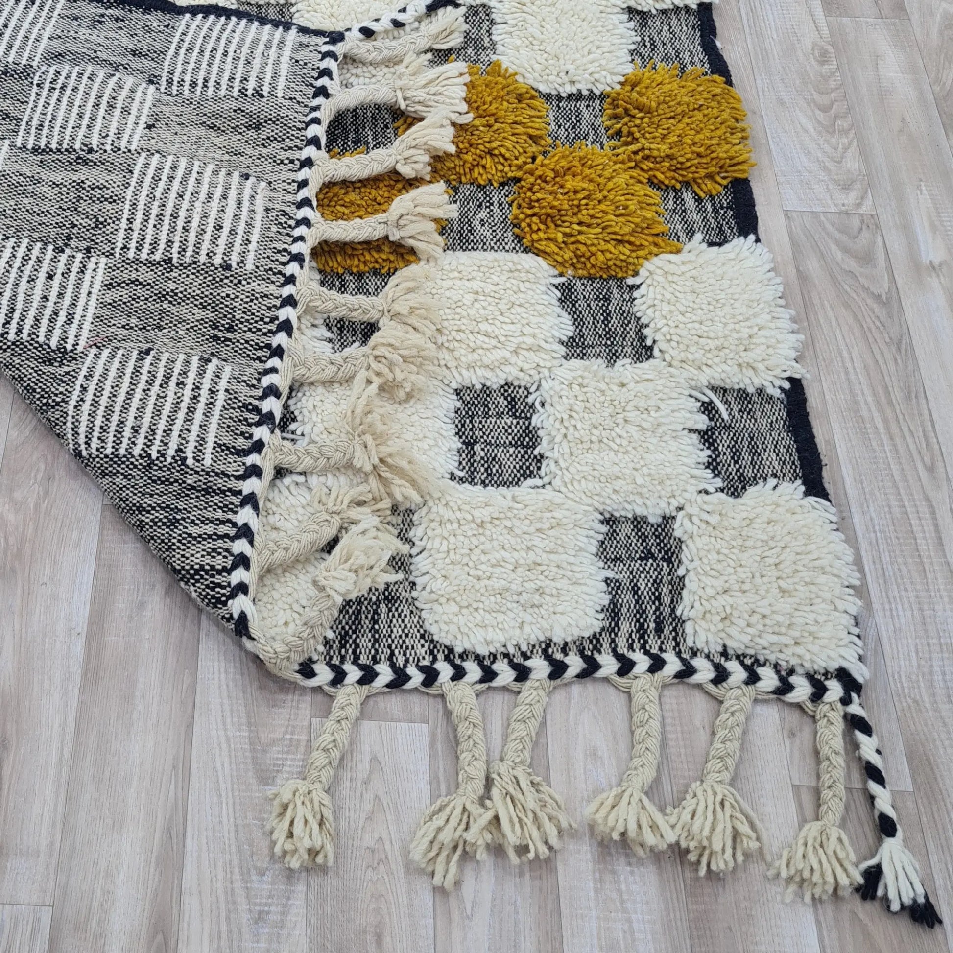 Handwoven Moroccan Pom-Pom Rug| Black & Mustard Yellow Design - Berber Handcrafts