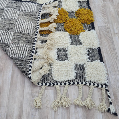 Handwoven Moroccan Pom-Pom Rug| Black & Mustard Yellow Design - Berber Handcrafts