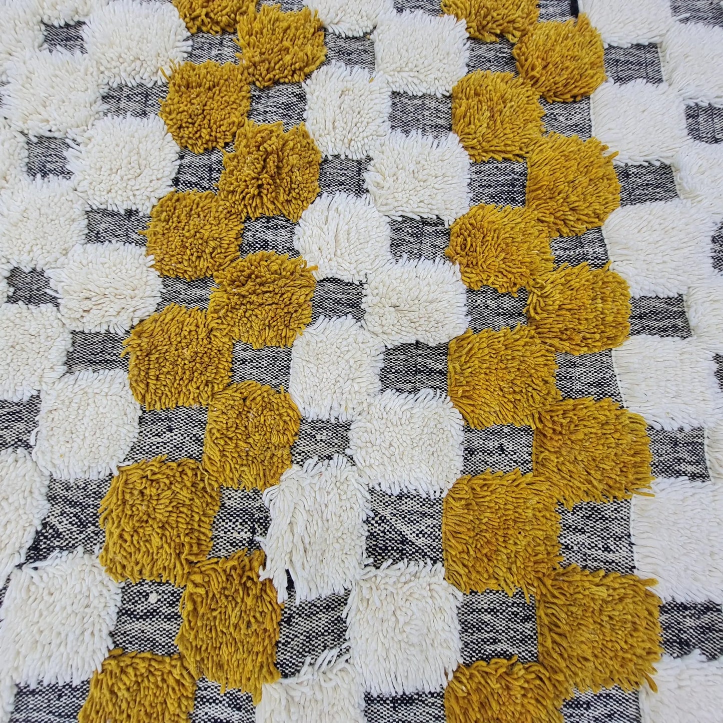 Handwoven Moroccan Pom-Pom Rug| Black & Mustard Yellow Design - Berber Handcrafts