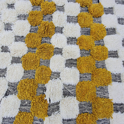 Handwoven Moroccan Pom-Pom Rug| Black & Mustard Yellow Design - Berber Handcrafts