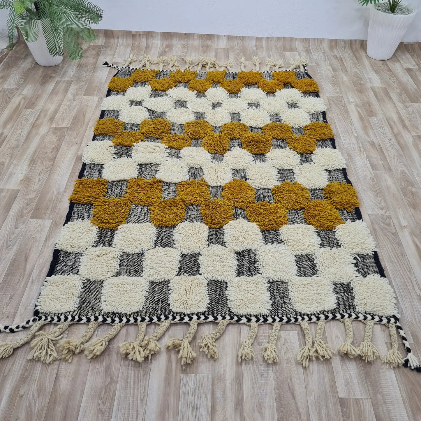 Handwoven Moroccan Pom-Pom Rug| Black & Mustard Yellow Design - Berber Handcrafts