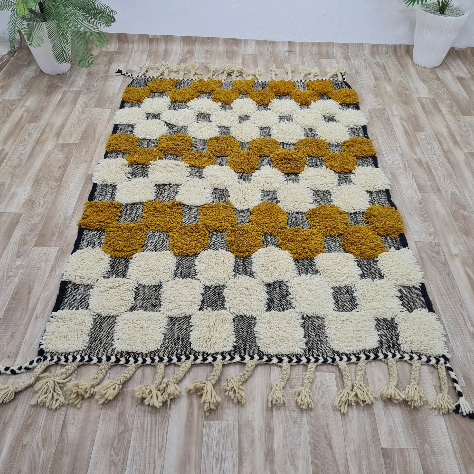 Handwoven Moroccan Pom-Pom Rug| Black & Mustard Yellow Design - Berber Handcrafts