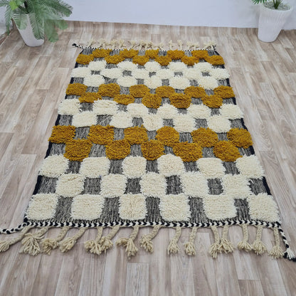 Handwoven Moroccan Pom-Pom Rug| Black & Mustard Yellow Design - Berber Handcrafts
