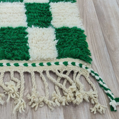Green and Ivory Checkered Moroccan Rug – Handmade Berber Wool Carpet – Custom Size - Berber Handcrafts
