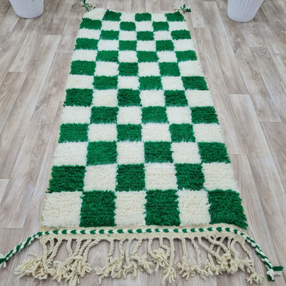 Green and Ivory Checkered Moroccan Rug – Handmade Berber Wool Carpet – Custom Size - Berber Handcrafts