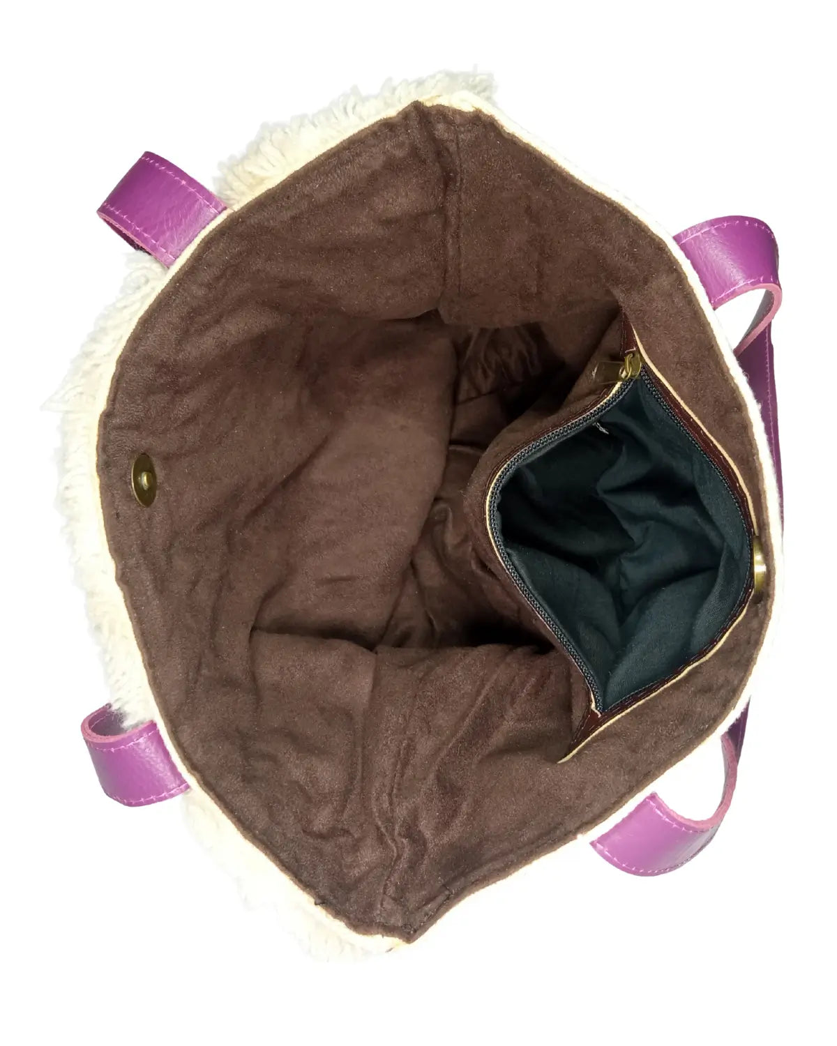 A front-view of a white fuzzy sherpa tote bag on a white background. The bag is decorated with a grid of embroidered patches featuring neon starburst patterns in pink, green, and orange. It has two purple faux leather shoulder straps. Dimensions are noted on the image