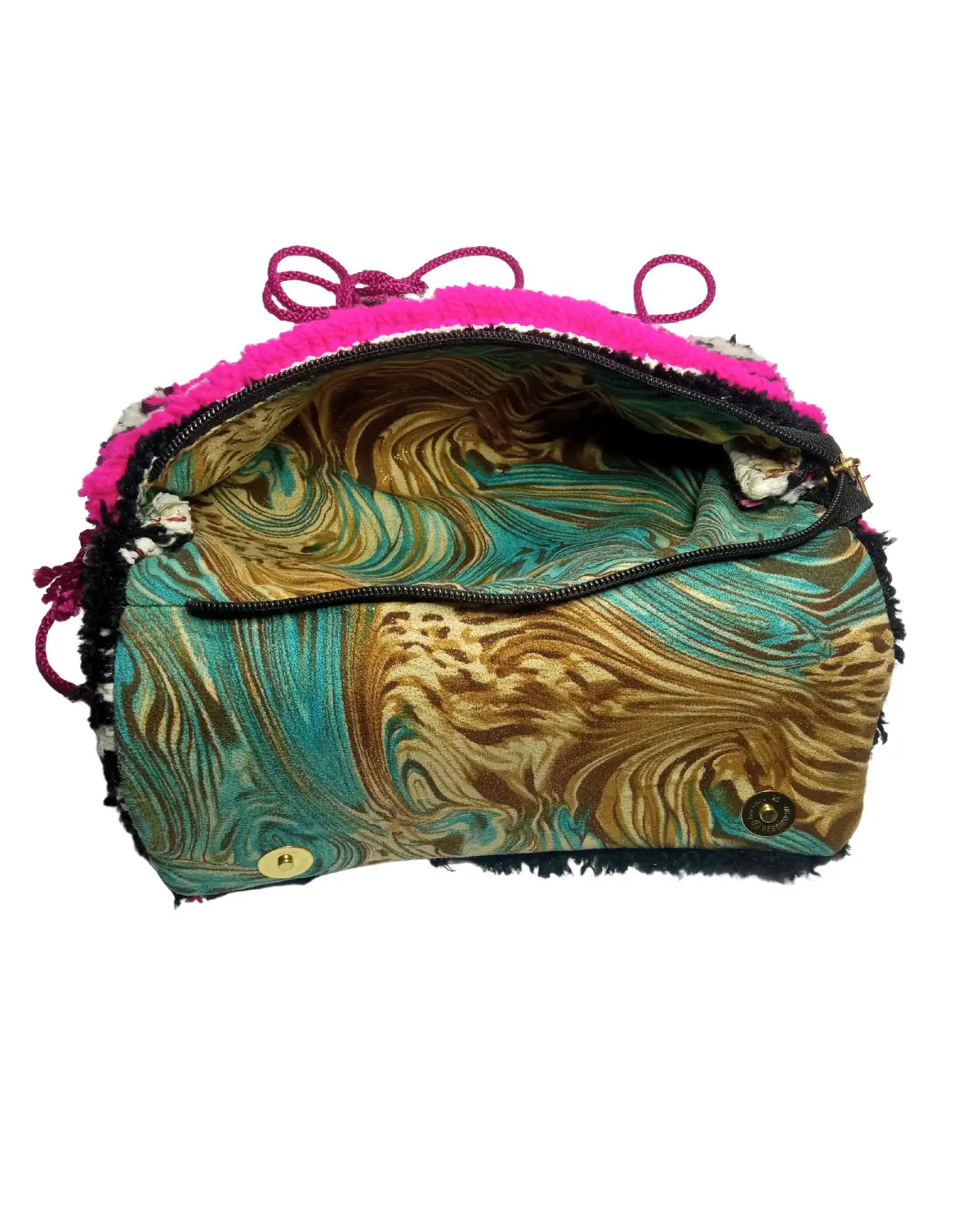 Marbled patterned pouch with pink trim on a white background