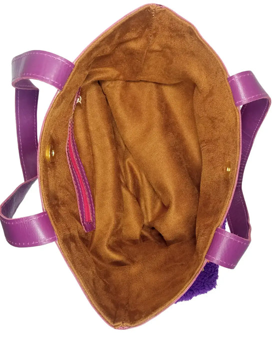 Handmade Purple Shag Bag | Boho Tribal Tote with Leather Handles | Artisanal Boucherouite Style Carpet Bag
