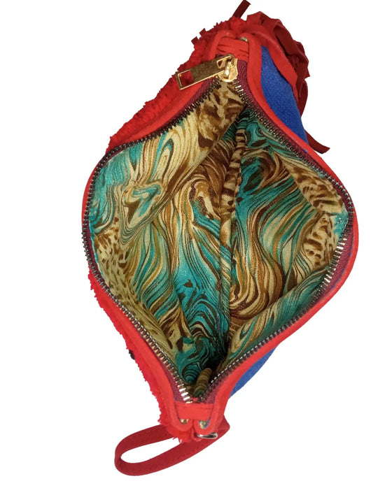 Colorful patterned bag with a red zipper on a white background
