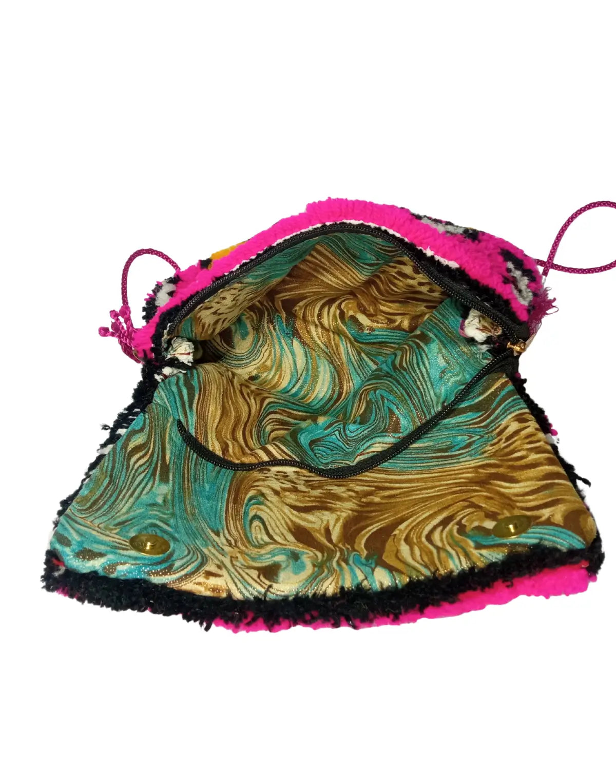 Drawstring bag with marbled pattern and pink edges on a white background