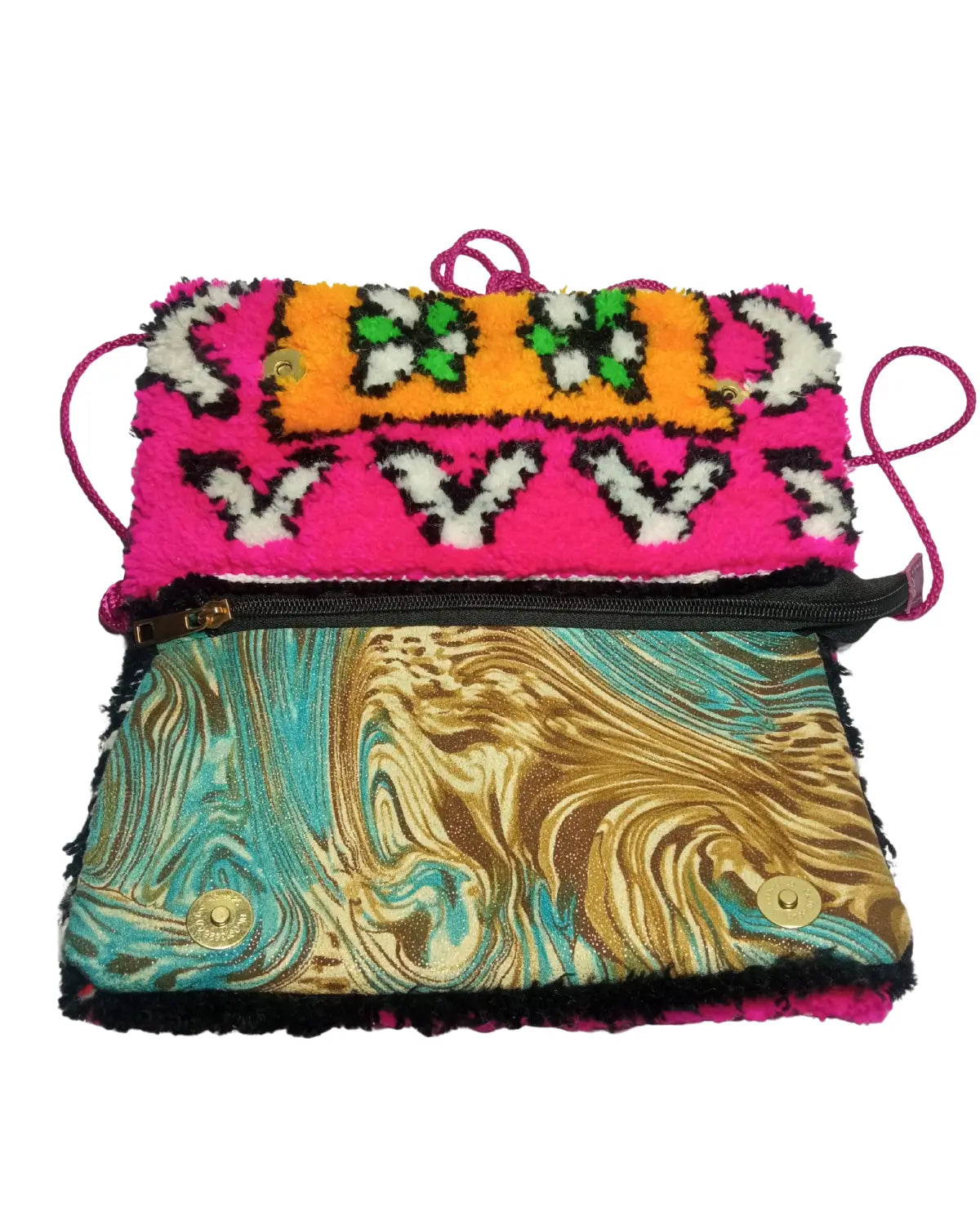 Colorful handbag with pink top section and marbled patterned bottom on a white background