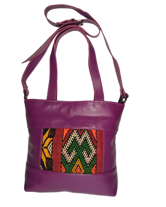 Purple Leather Bag, Convertible Tote, Crossbody Tote, Magenta Bag, Kilim Bag, One of a Kind Purse,