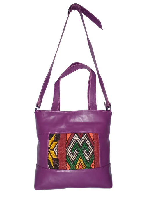 Purple Leather Bag, Convertible Tote, Crossbody Tote, Magenta Bag, Kilim Bag, One of a Kind Purse,